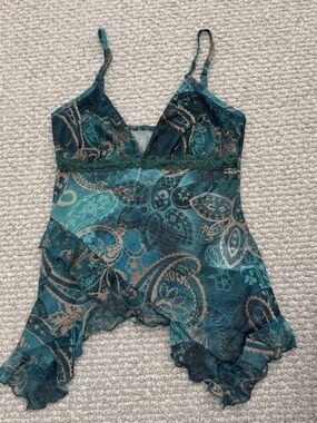 Y2K style Floral Print Teal and Tan Paisley Lace-Trim Camisole